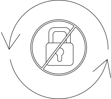 Bu illüstrasyon, bir sistemde potansiyel bir tehdit veya zayıflık göstergesi olarak dairesel oklar arasında çizilmiş bir asma kilit sembolü içeren bir güvenlik açığını betimliyor..