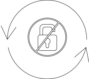 İçinde köşegen bir çizgi bulunan açık asma kilidi gösteren grafik bir çizim, kilitli olmayan durumu sembolize ediyor, sürekli bir döngü olduğunu gösteren oklarla çevrelenmiş..