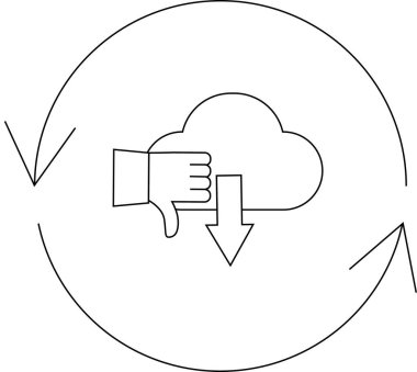 Bu resim bir bulut hesaplama arızası döngüsünü tasvir ediyor, bir başparmak aşağı işareti ve aşağı doğru ok ile gösterilen, bulut servisleri ile ilgili sorunları ortaya koyuyor.
