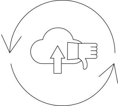 Bir bulut yükleme hatası simgesi, başparmaklar aşağı sembol ve dairesel oklar, bulut veri aktarımı ile ilgili bir sorunu gösterir.