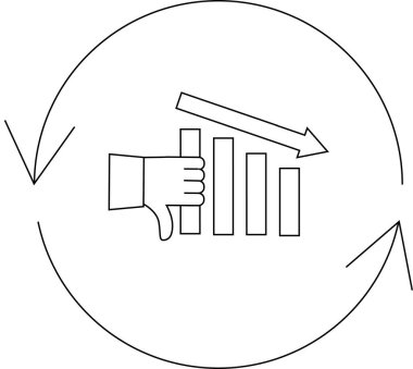 Düşen grafiğin görsel bir temsili, başparmakları aşağıda, dairesel bir hareketle çevrili, olumsuz geri bildirimi ya da düşüşü sembolize ediyor.