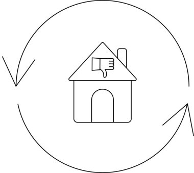 Konut piyasasını etkileyen negatif geri bildirim döngüsünün görsel bir temsili, baş parmakları aşağı ve dairesel okları olan bir ev tarafından sembolize ediliyor..