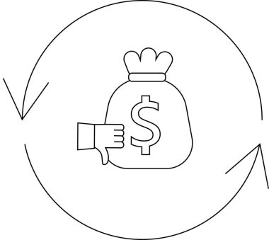 Finansal kaybı resmeden bir grafik çizimi, bir dolar işaretli para çantasının yanında, oklarla çevrelenmiş bir baş parmak hareketi..