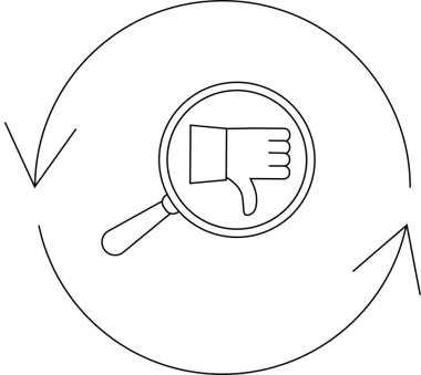 Bir büyüteç, yuvarlak bir okla çevrili, negatif geri bildirim ve tekrar döngülerini temsil eden bir başparmak aşağı simgesine odaklanır..