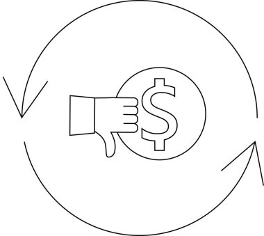 Para içeren olumsuz bir geri bildirim döngüsünü tasvir eden çizim, bir baş parmak aşağı hareketi ve dairesel ok içinde bir dolar işareti ile sembolize edilir, ekonomik düşüşü temsil eder..