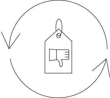 Çemberin içinde bir döngü belirten oklarla birlikte başparmağından aşağı simgesi olan bir fiyat etiketi.