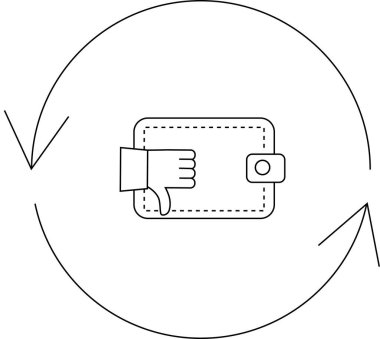Yuvarlak bir okla çevrili, baş parmağıyla işaret eden bir cüzdan simgesi, finansal ya da olumsuz geri bildirim.