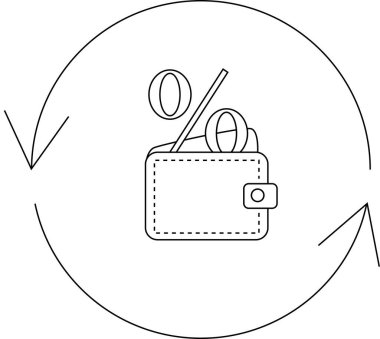 Çembersel oklarla çevrili yüzdelik sembollü bir cüzdan tasvir eden bir çizgi sanat simgesi, nakit para çekme ve ödül programlarını temsil ediyor.