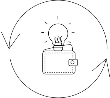 Bir cüzdanın üzerindeki ampul, oklarla çevrili, yenilikçi finansal çözümleri ve para yönetiminin döngüsel doğasını sembolize eder..