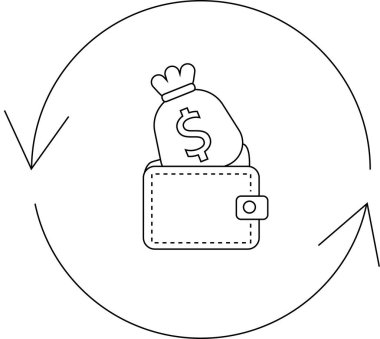 Üzerinde para çantası olan, yuvarlak oklarla çevrili, finansal döngüleri temsil eden bir cüzdanın basit bir çizgisi çizimi..