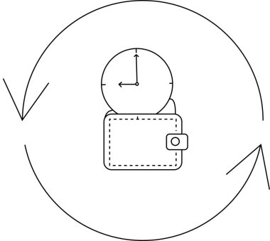 Zamanın para olduğunu gösteren sembolik bir tasvir. Üstünde saat olan bir cüzdan. Döngüsel hareketi gösteren oklarla çevrili..