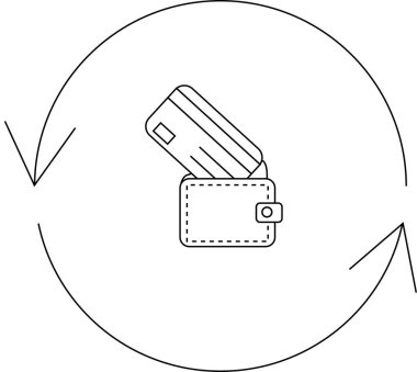 Bir cüzdanın minimalist çizgisi çizimi kredi kartı ile çevrili, dairesel oklarla çevrili, finansal işlemleri veya para akışını sembolize eden.