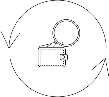 Cüzdanı büyüteç altında tasvir eden, mali denetim, güvenlik ve yatırım analizini sembolize eden bir minimalist çizgi sanat ikonu..