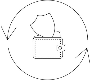 Cüzdanı kalkan ve dairesel oklarla dolu. Finansal güvenliği, korumayı ve para yönetimini temsil ediyor. Sigorta, yatırım ve güvenli işlemler kavramı.