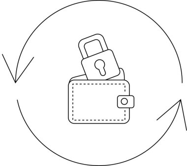 Üzerinde asma kilit olan bir cüzdan, dairesel oklarla çevrili, mali güvenliği ve varlıkların korunmasını simgeliyor..
