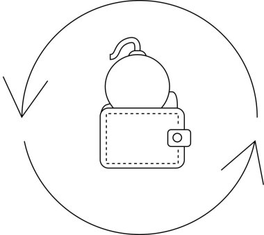 İçinde bomba olan bir cüzdan, dönen oklarla çevrili, finansal riski ve dalgalanmayı simgeliyor basit bir sanat tarzında.