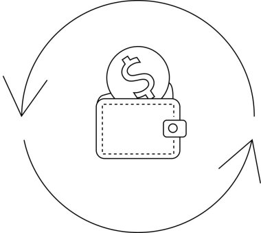 Bir dolar işaretli bir cüzdan ve yuvarlak hareketli oklar mali işlemleri ya da para akışını simgeliyor..