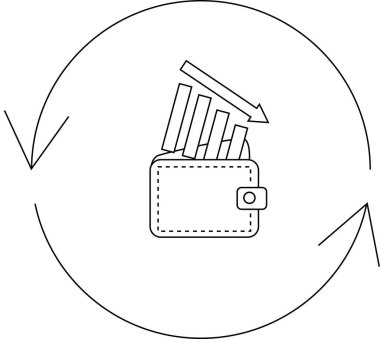 İçinde grafiği azalan, dairesel oklarla çevrili, finansal kaybı ya da ekonomik krizi simgeleyen bir cüzdan çizgisi çizimi..
