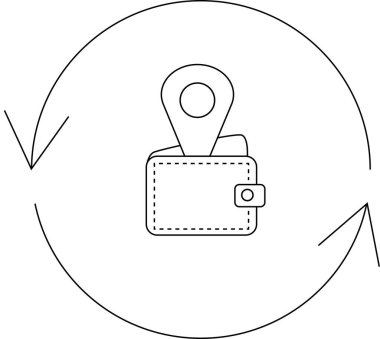 Dairesel oklarla çevrili, mali hizmetleri, para yönetimini veya yerel ticari işlemleri temsil eden konum simgesi olan cüzdan.