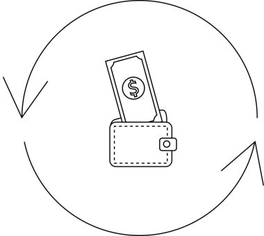 İçinde bir dolarlık banknot olan bir cüzdan. Etrafı oklarla çevrili. Para akışını ve mali işlemleri temsil ediyor..