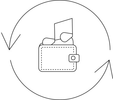 İçinde para olan bir cüzdan, oklarla çevrili, mali işlemleri, para akışını veya yatırım iadelerini sembolize ediyor..