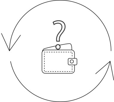 Üzerinde soru işareti olan bir cüzdan, dairesel oklarla çevrili, mali belirsizliği, para yönetimini ve ekonomik sorunları simgeliyor..