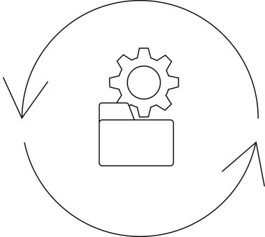 Dairesel oklarla çevrili bir klasörün üzerinde bir dişli simgesi bulunan otomatik dosya yönetimi, süreklilik ve otomasyonu sembolize ediyor.