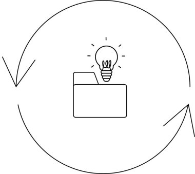 Yaratıcı süreci temsil eden minimalist bir simge, bir klasörün üzerinde bir ampul, dairesel bir okla çevrili, sürekli fikir üretimini ve yinelemeyi simgeliyor.