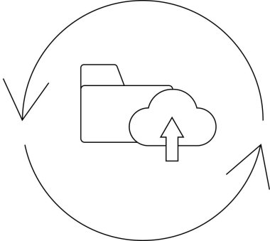 Bir dizin, bulut, bulut, gönderme oku ve dairesel okların yer aldığı, bulut yedeklemesi ve senkronizasyonu tasvir eden basit bir çizgi resim simgesi.