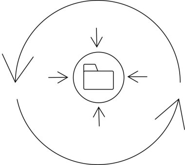 Veri merkezileşmesinin kavramsal illüstrasyonu, dairesel akış içinde okların yakınsaması ile çevrili bir dizin simgesini gösterir, veri konsolidasyonunu sembolize eder.