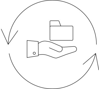 Veri yönetimi ve transferinin kavramsal illüstrasyonu, dairesel ok akışı içinde bir klasörü tutan bir el..
