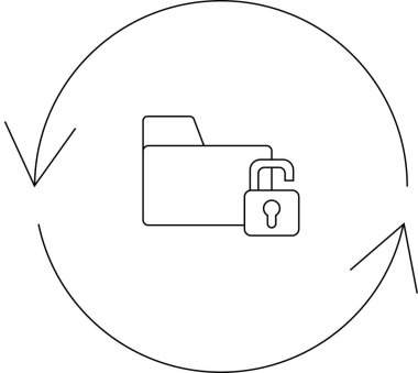 Veri koruması ve güvenlik kavramı. Dairesel bir okun içinde asma kilit simgesi olan dizin, veri şifrelemesini ve güvenli veri transferini temsil eder.