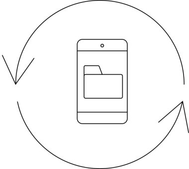 Veri senkronizasyonunu gösteren basit bir satır sanatı simgesi, dairesel oklarla çevrili bir dizin sembollü bir cep telefonu içeriyor.