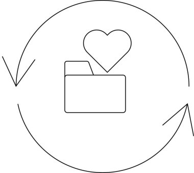 Üzerinde kalp olan bir klasörü tasvir eden basit bir çizgi sanat simgesi, yenilenmiş oklarla çevrelenmiş, favori klasörü yenilemeyi simgeliyor..