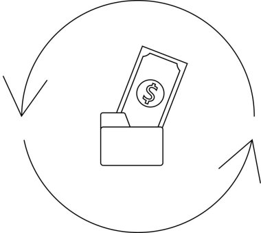 Basit bir çizgi çizimi, bir klasörde bir dolar banknotunu gösteriyor, yuvarlak bir okla çevrili, finansal döngüleri ve yatırımı temsil ediyor..