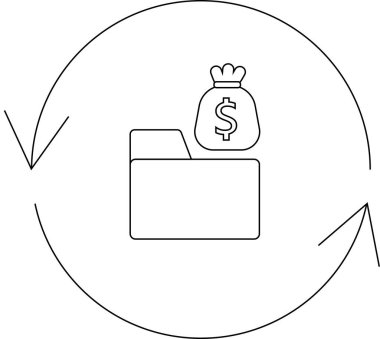 Bir dizin, para çantası ve dairesel oklarla finansal veri yönetimini tasvir eden tasvir tasviri, para akışını ve veri işlemesini sembolize ediyor.