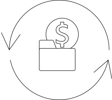 Finansal bir döngü tasvir eden basit bir çizgi çizimi, bir klasörde dolar işareti, dairesel oklarla çevrili..