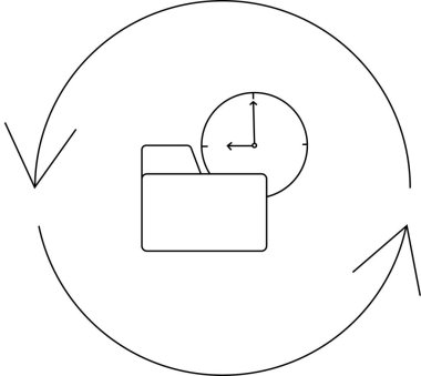 Saat kaplamalı bir dizin simgesi, dairesel bir okla çevrili, veri senkronizasyonunu sembolize eden, yedekleme zamanlaması ve verimli zaman yönetimi.