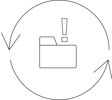 Dairesel oklarla çevrili ünlem işaretli bir klasörün basit bir çizgisi, bir uyarı veya önemli güncelleme öneriyor.
