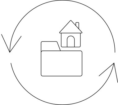 Yuvarlak bir okla çevrili, ev dizini eşzamanlamasını temsil eden, üzerinde ev olan bir dizini tasvir eden basit bir çizgi resim simgesi.