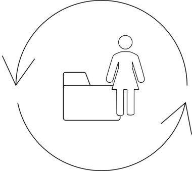 Dairesel iş akışı olan, verimliliği ve sürekli gelişimi simgeleyen bir ofis çalışanının çizimi.