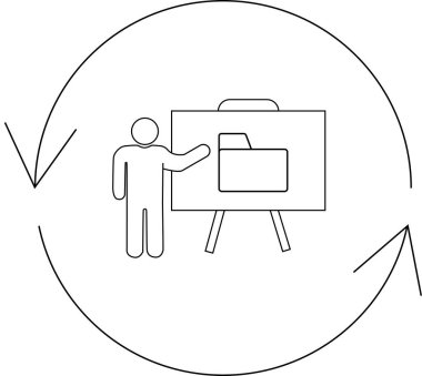 Dairesel oklarla çevrili, sürekli bir süreci veya döngüyü temsil eden bir dizin simgesini bir tahta üzerinde sunan bir kişi.