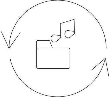 Dairesel oklarla çevrili, senkronizasyonu sembolize eden, notalı bir müzik klasörünü tasvir eden basit bir satır sanatı simgesi.