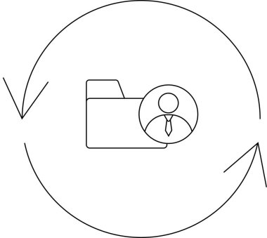 Dairesel bir okla çevrili ve veri senkronizasyonunu ve kullanıcı profili yönetimini sembolize eden, daire içinde kullanıcı profili olan bir dizini tasvir eden basit bir satır sanat simgesi.