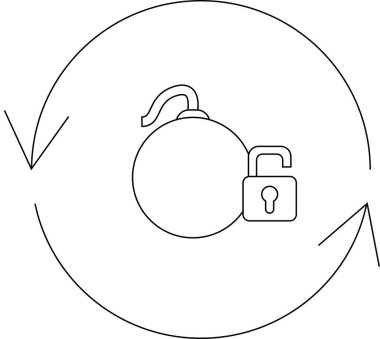 Kilidi açık bir bomba, bir ok çemberiyle çevrilidir. Bu da tehlike ve güvenlik döngüsü olduğunu gösterir..