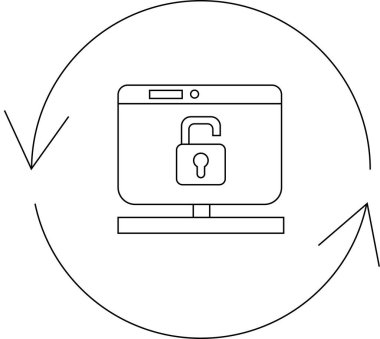 Bir bilgisayar ekranı, güvenlik tazelemeyi veya güncellemeyi sembolize eden dairesel oklarla çevrili kilitsiz bir asma kilit gösterir.