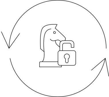 Bir at satranç taşı ve açık asma kilidin yer aldığı bir siber güvenlik stratejisi ikonu, stratejik güvenlik çözümlerini sembolize ediyor.