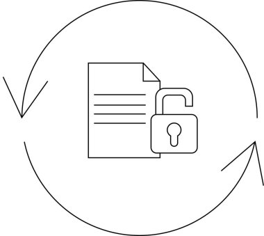 Veri güvenliği simgesi, kilidi açık asma kilit ve belgeyle, veri koruması ve yenilenmeyi sembolize ediyor.