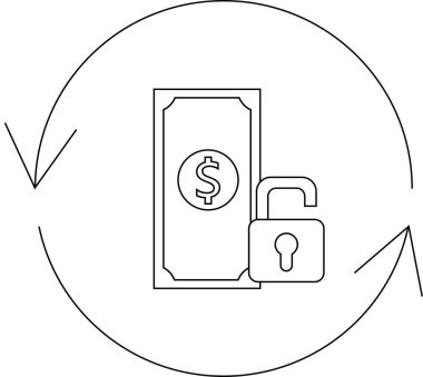 Finansal güvenliğin sembolik bir temsili, bir dolarlık banknot ve dairesel bir ok içinde açık asma kilit, kilitlenmemiş potansiyeli ve korunmayı simgeliyor..