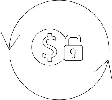 Dairesel bir okla çevrili ve para akışını ve finansal güvenceyi sembolize eden açık asma kilitli bir dolar sikkesi tasvir eden basit bir sanat çizgisi çizimi.